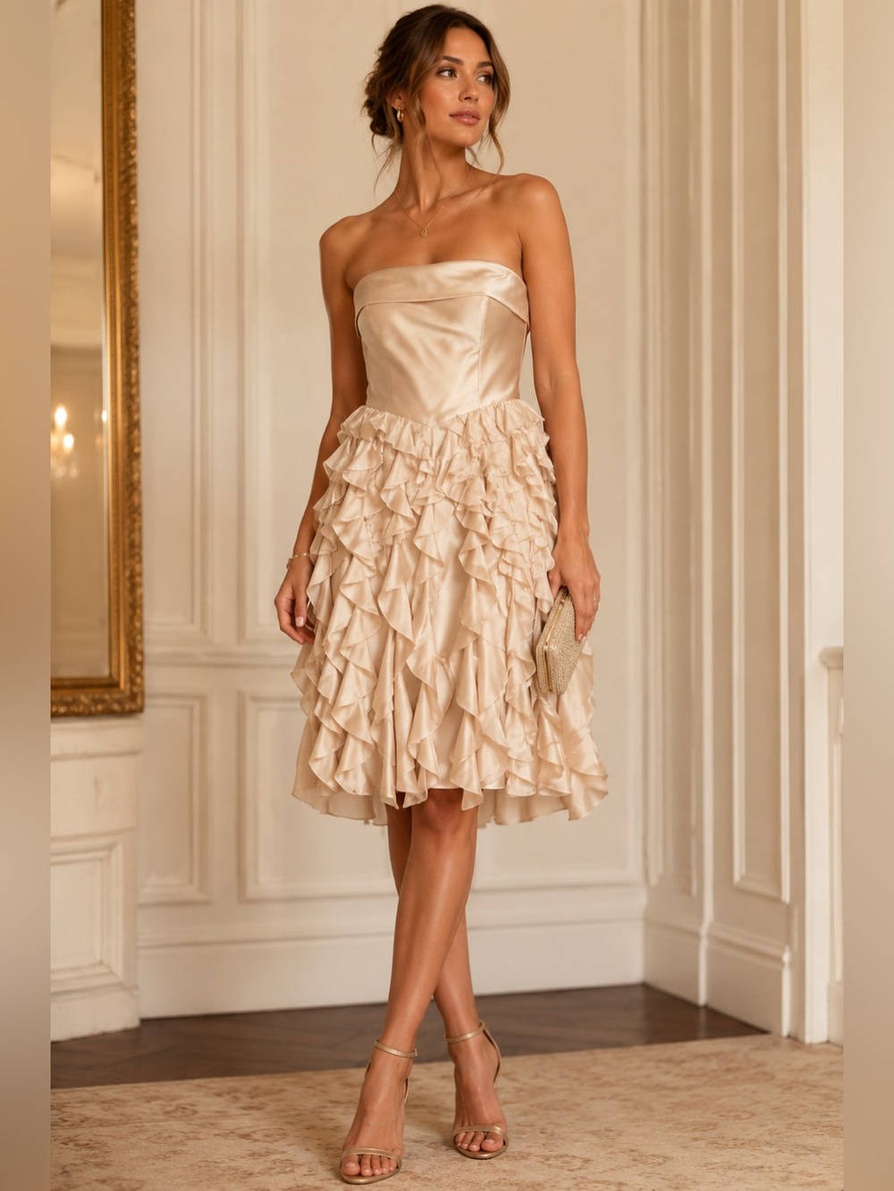 WHBM Champagne Satin Strapless Cocktail Dress | Romantic Ruffle Coquette